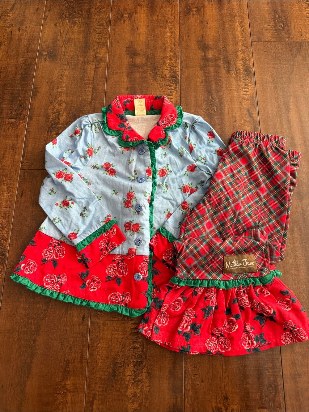 Matilda Jane Red, Light Blue & Green Floral Plaid Girls Pajama Set